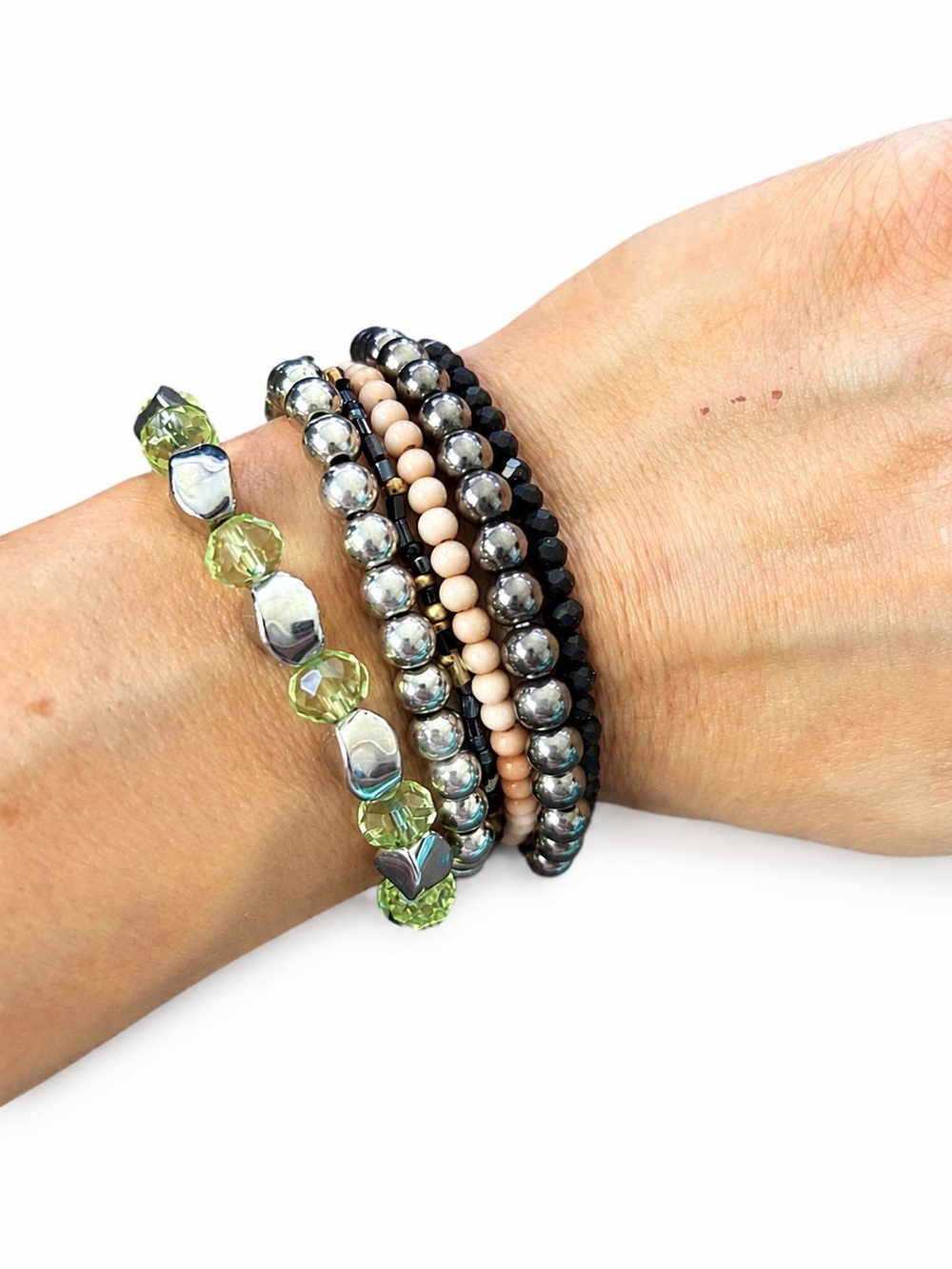 6-Piece Mixed Beaded Stretch Bracelet Stack Silver Black Green Neutral Boho
